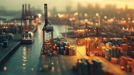 A busy port equipped with eco-friendly logistics solutions and renewable energy-powered machinery.の素材