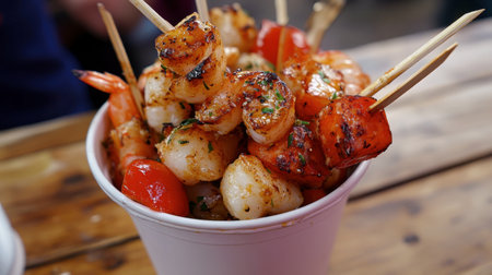 A bucket of grilled seafood skewers, featuring shrimp, scallops, and vegetables, placed on a picnic table.の素材