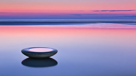 A calming photo of smooth, stacked stones with radiant hues, reflecting the sunset's colors on a quiet beach.の素材