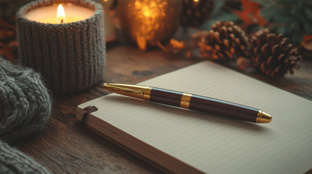 A classic pen with a gold clip and cap, set next to a journal and a cozy candle in a warm, inviting office space.の素材
