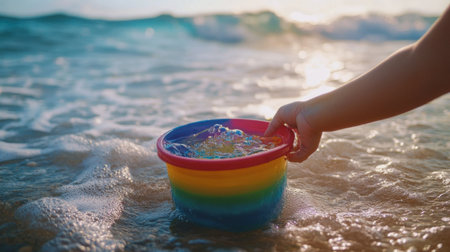 A childs hand holding a colorful sea bucket filled with seawater, with waves visible in the distance.の素材