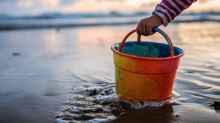 A childs hand holding a colorful sea bucket filled with seawater, with waves visible in the distance.の素材