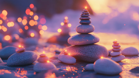 A calming photo of stacked stones with radiant hues, embodying mindfulness and balance by the sea.の素材