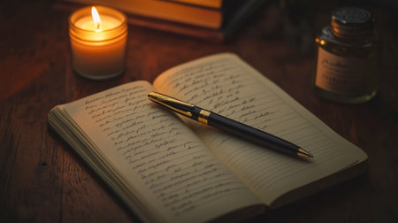 A classic pen with a gold clip and cap, set next to a journal and a cozy candle in a warm, inviting office space.の素材