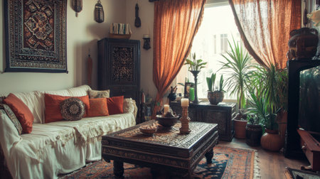 A charming living room with vintage princess-style decor, including an ornate coffee table and silk curtains.の素材