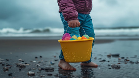 A childs hand holding a colorful sea bucket filled with seawater, with waves visible in the distance.の素材