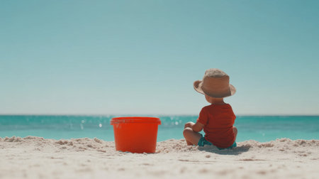A child sitting on the sand beside a sea bucket, enjoying a sunny day by the ocean.の素材