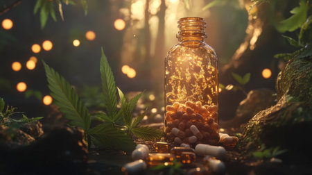A CBD oil bottle surrounded by cannabis leaves and pills, with an outdoor glow and dreamy bokeh lights in the background.の素材