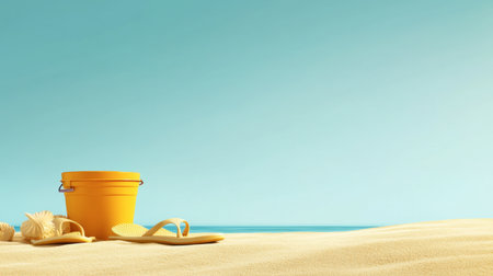 A charming arrangement of a sea bucket and flip-flops on warm, golden sand under a clear sky.の素材