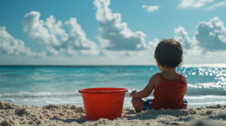 A child sitting on the sand beside a sea bucket, enjoying a sunny day by the ocean.の素材
