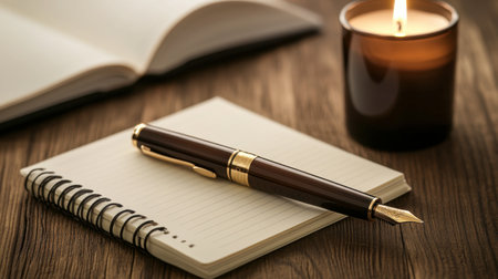 A classic pen with a gold clip and cap, set next to a journal and a cozy candle in a warm, inviting office space.の素材