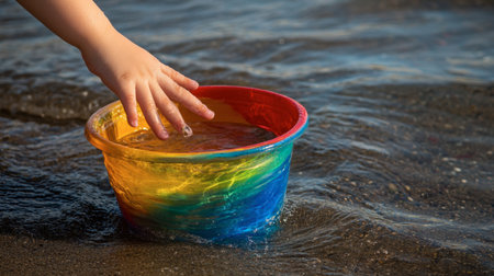 A childs hand holding a colorful sea bucket filled with seawater, with waves visible in the distance.の素材
