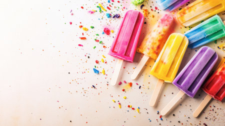 A cheerful banner featuring a collection of colorful popsicles on a neutral beige background, highlighting summer snacks.の素材