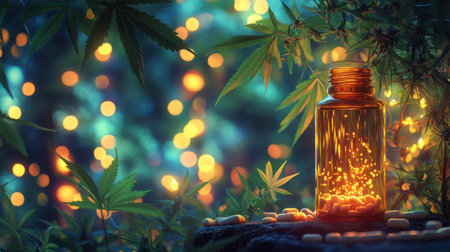A CBD oil bottle surrounded by cannabis leaves and pills, with an outdoor glow and dreamy bokeh lights in the background.の素材