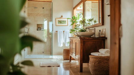 A beautifully designed bathroom featuring natural light, lush plants, and elegant wooden furniture, creating a serene and inviting atmosphere for relaxation.の素材
