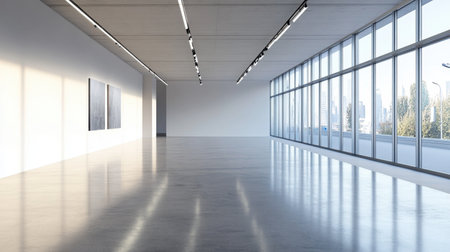 An expansive modern art gallery interior featuring clean lines, large windows, and polished floors, perfect for showcasing artwork in natural light.の素材