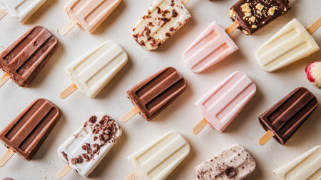A banner showcasing an array of ice cream popsicles in bold colors on a neutral beige background.の素材