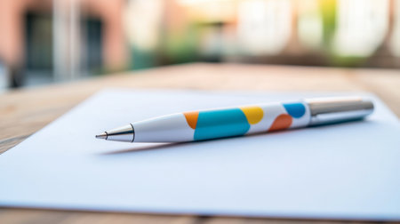 A ballpoint pen with a colorful design lying on top of a blank sheet of paper in a creative workspace.の素材