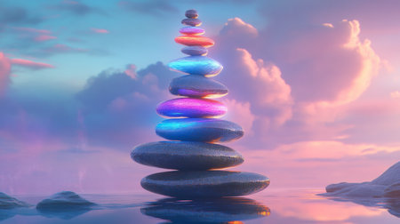 A beautiful beach moment with stacked pebbles, glowing with colorful reflections under the evening sky.の素材