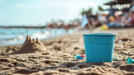 A bright blue sea bucket beside a child's sandcastle, complete with a tiny flag and scattered beach toys.の素材