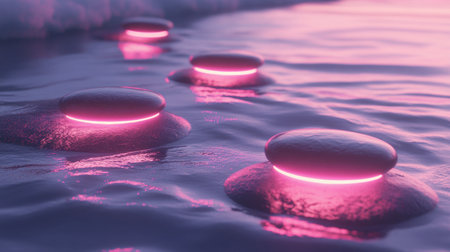 A calming image of balanced pebbles glowing softly, with the ocean waves providing a soothing backdrop.の素材