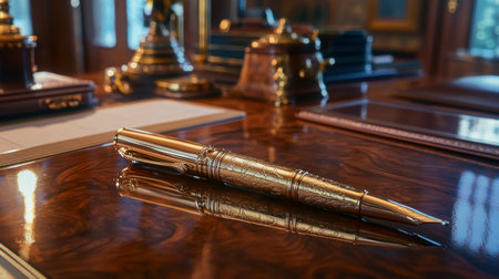 A beautifully crafted pen with a polished finish, lying on a luxury desk pad in an elegant home office.の素材