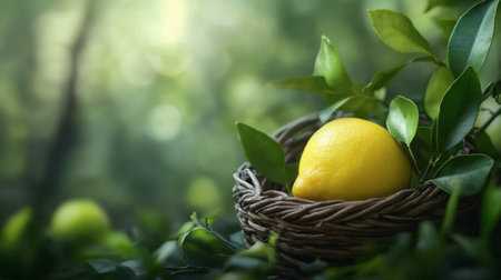 A bright lemon placed gently in a wooden basket, surrounded by greenery, evoking a fresh feel.の素材