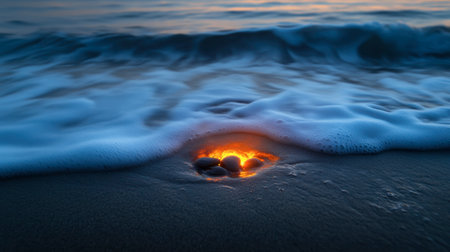 A calming image of balanced pebbles glowing softly, with the ocean waves providing a soothing backdrop.の素材