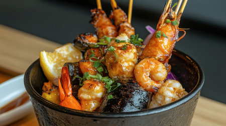 A bucket of mixed seafood skewers, served with roasted vegetables and a tangy glaze.の素材