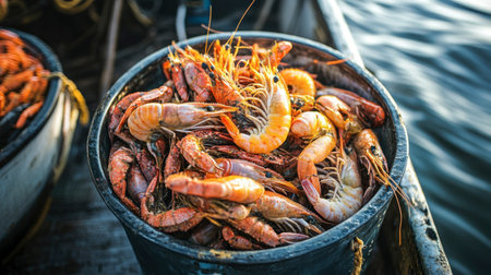 A bucket of freshly caught seafood, including crabs and shrimp, set on a fishing boat.の素材