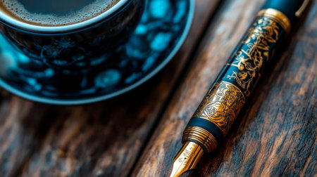 A close-up of a luxury pen with an intricate design, placed on a wooden surface beside a cup of coffee.の素材