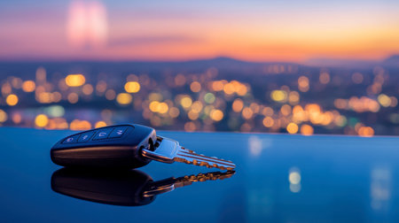 A close-up of a car key placed on a luxury desk, with a blurred background of a modern city skyline.の素材