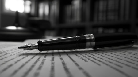 A close-up of a ballpoint pen, with a smooth, sleek design, placed on top of a document awaiting review.の素材