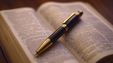A close-up of a pen laying on top of an open book, with the pages turning gently in the background, symbolizing knowledge.の素材