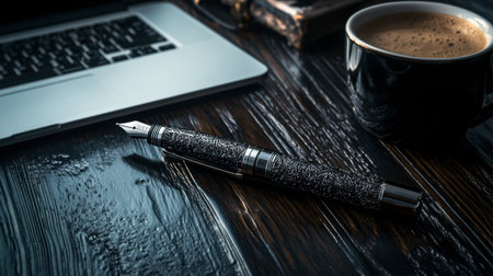 A close-up of a luxury pen on a dark wooden desk, beside a laptop and fresh cup of coffee, exuding elegance.の素材