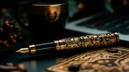 A close-up of a luxury pen on a dark wooden desk, beside a laptop and fresh cup of coffee, exuding elegance.の素材