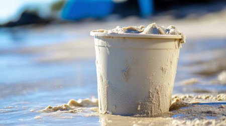 A close-up of a sea bucket filled with wet sand, ready for molding into shapes.の素材