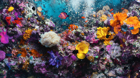 A close-up of a Maldives coral reef, showing colorful fish swimming in crystal-clear water.の素材