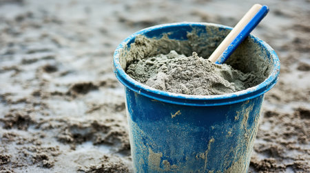 A close-up of a sea bucket filled with wet sand, ready for molding into shapes.の素材