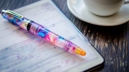 A close-up of a pen with a translucent body and colorful ink, placed beside a tablet and a cup of coffee.の素材