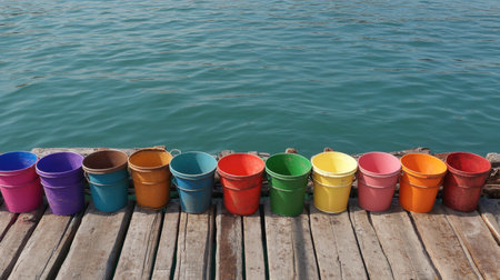 A cluster of colorful sea buckets arranged artistically on a wooden pier overlooking the ocean.の素材