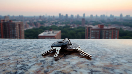 A close-up of car keys placed on a marble countertop, with a soft-focus background of an urban neighborhood.の素材
