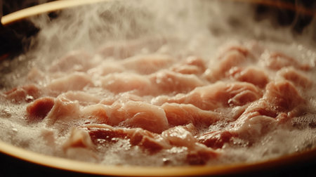 A close-up of raw pork slices being dipped into a bubbling shabu pan, with steam rising around it.の素材