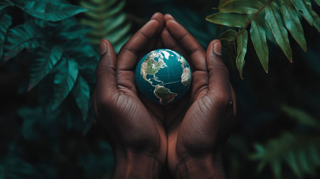 A close-up of hands holding a small globe surrounded by green leaves, representing ESG and sustainable solutions.の素材