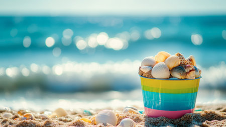 A colorful beach bucket filled with sand and seashells sitting on a sunlit shoreline with gentle waves in the background.の素材