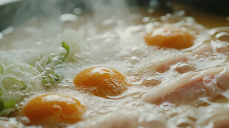 A close-up of a shabu pork pan filled with fresh ingredients, capturing the steam rising from the bubbling broth.の素材