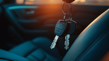 A close-up of car keys placed on the passenger seat of a car, with soft light casting shadows.の素材