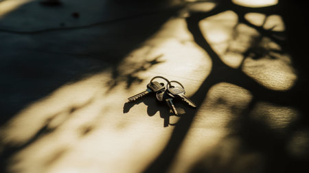 A close-up of car keys placed on the passenger seat of a car, with soft light casting shadows.の素材