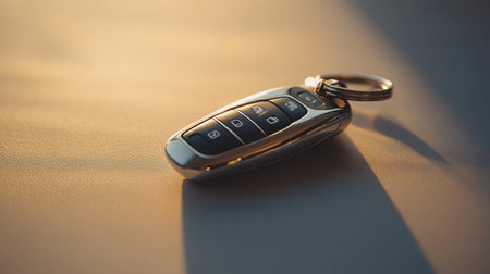 A close-up shot of a modern car key fob with a minimalist design, set against a neutral background.の素材