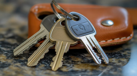 A close-up of car keys with a leather key holder and a set of house keys, creating a practical everyday scene.の素材